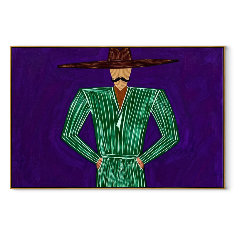 Emerald Lines Hold Violet – Green Hands on Hips Figure Painting | Mid-Century Modern Horizontal Wall Art