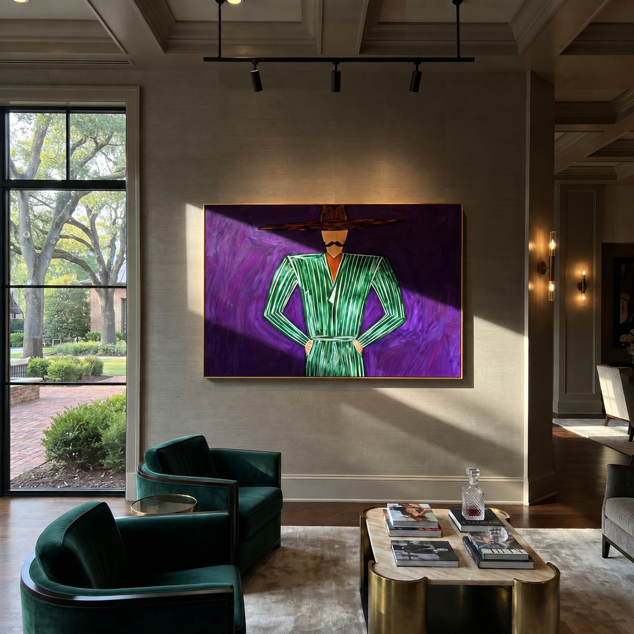 Emerald Lines Hold Violet presented above a contemporary console