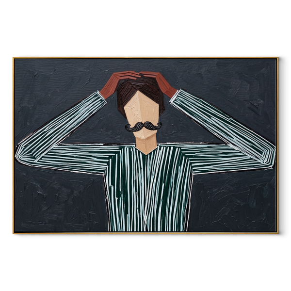 Gray Lines Adjust Crown – Figure Holding Black Hat Painting | Mid-Century Modern Horizontal Wall Art