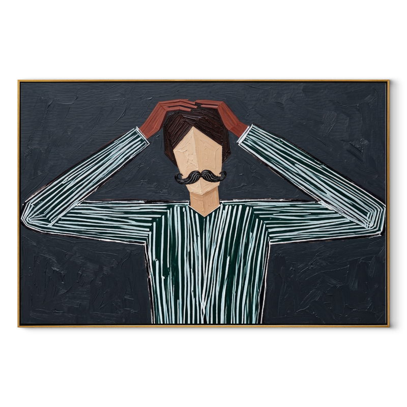 Gray Lines Adjust Crown – Figure Holding Black Hat Painting | Mid-Century Modern Horizontal Wall Art