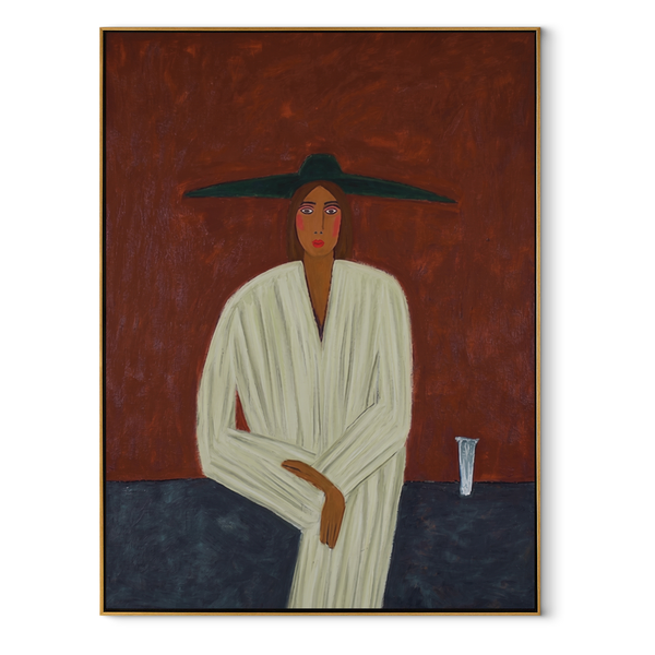 Ivory Robe at Dusk – Seated Ivory Robe Figure Painting | Mid-Century Modern Vertical Wall Art