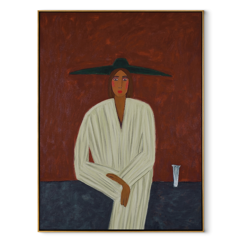 Ivory Robe at Dusk – Seated Ivory Robe Figure Painting | Mid-Century Modern Vertical Wall Art