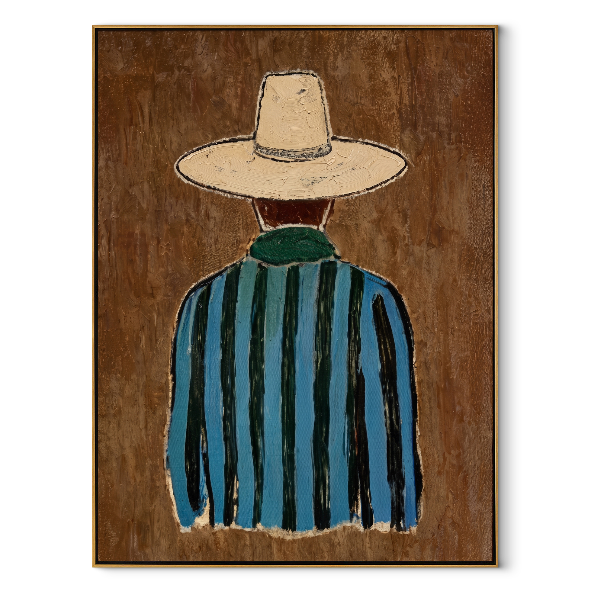 Blue Stripes Turn Away abstract figurative textured painting, vertical canvas artwork