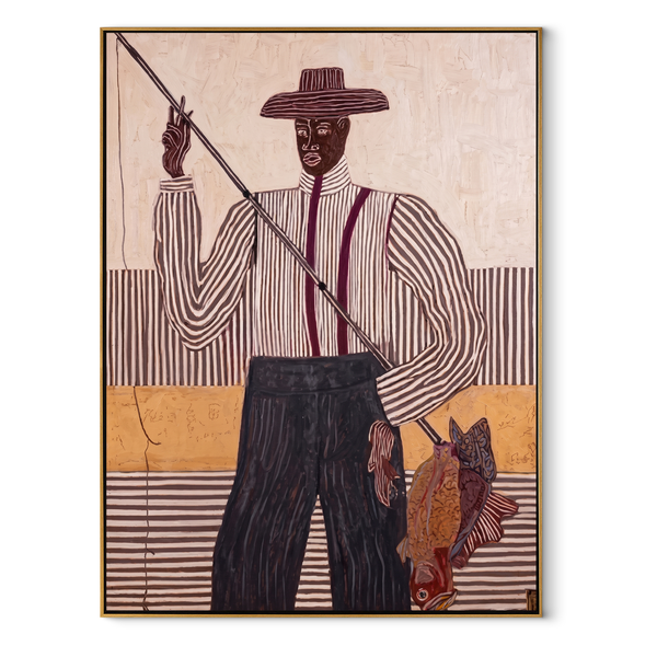 Purple Lines Cast Hook – Fisherman with Dog Painting | Mid-Century Modern Vertical Wall Art