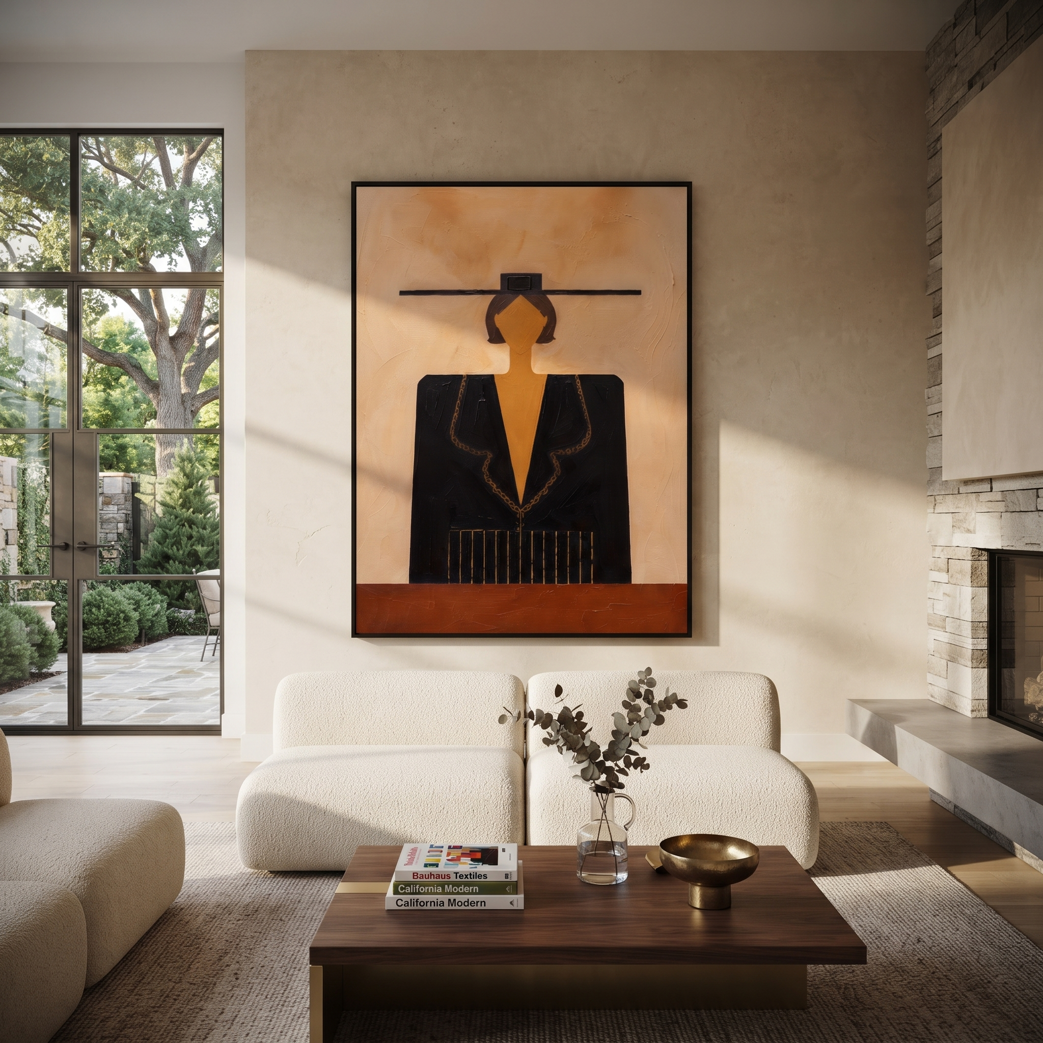 Black Geometry Faces Sand displayed in a warm contemporary interior