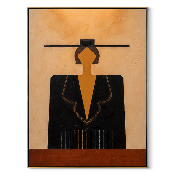 Black Geometry Faces Sand – Black Suit Hat Portrait Painting | Mid-Century Modern Vertical Wall Art