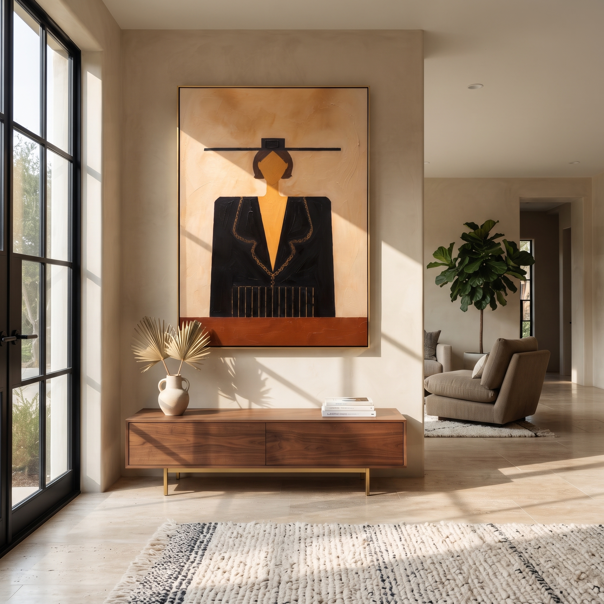 Black Geometry Faces Sand styled with neutral modern furnishings