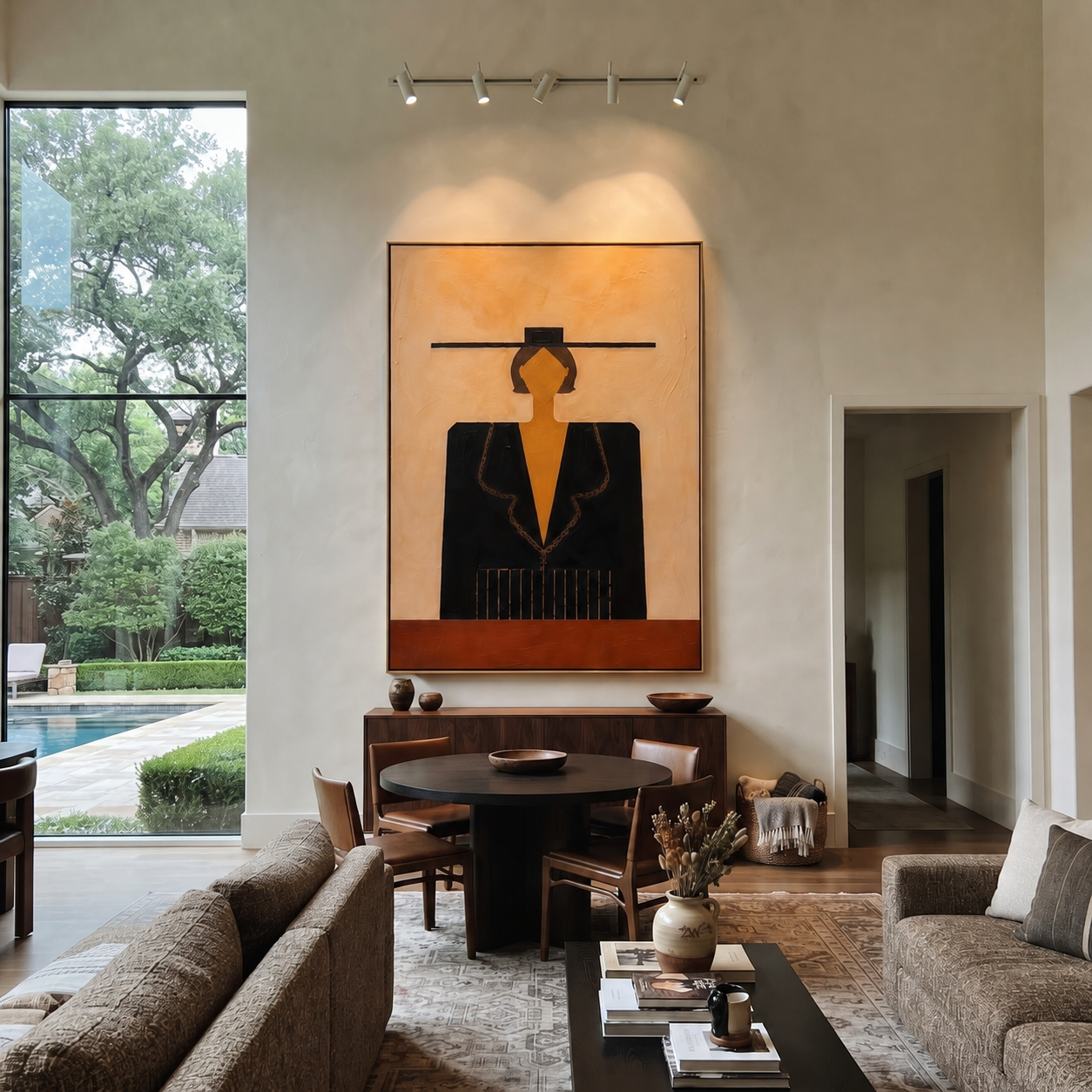 Black Geometry Faces Sand presented above a contemporary console