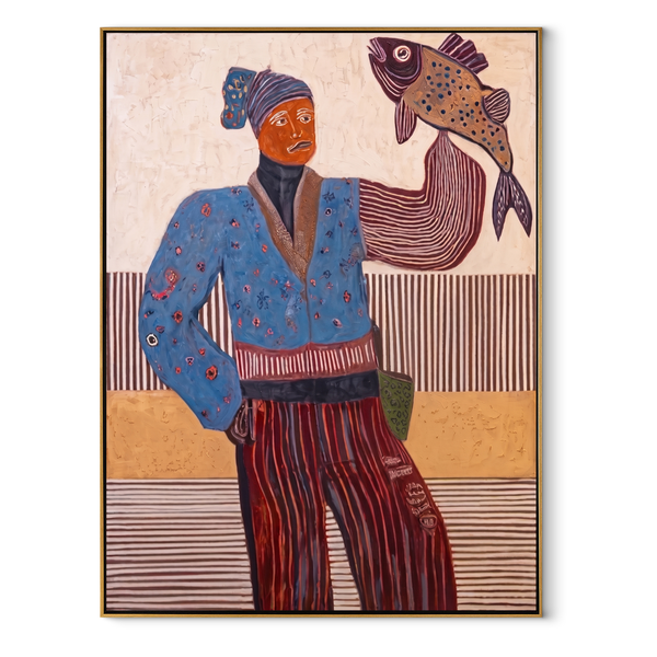 Blue Flowers Carry Catch – Figure Holding Fish Painting | Mid-Century Modern Vertical Wall Art