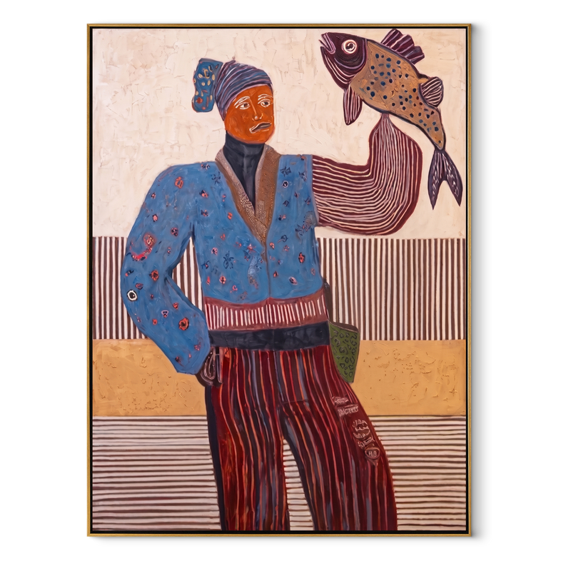 Blue Flowers Carry Catch – Figure Holding Fish Painting | Mid-Century Modern Vertical Wall Art