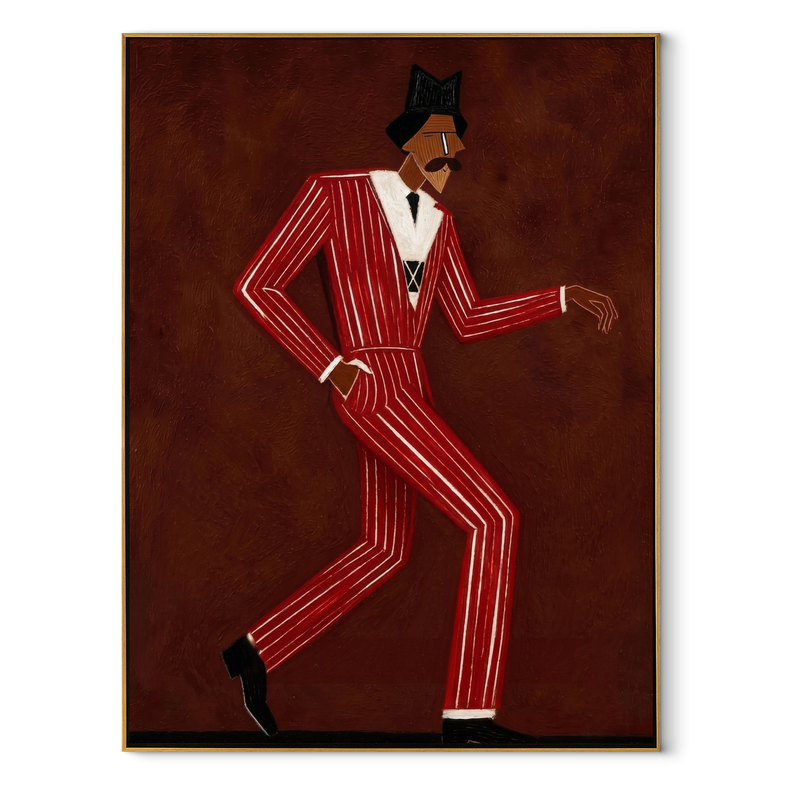 Scarlet Steps Cross Burgundy – Dancing Red Suit Figure Painting | Mid-Century Modern Vertical Wall Art