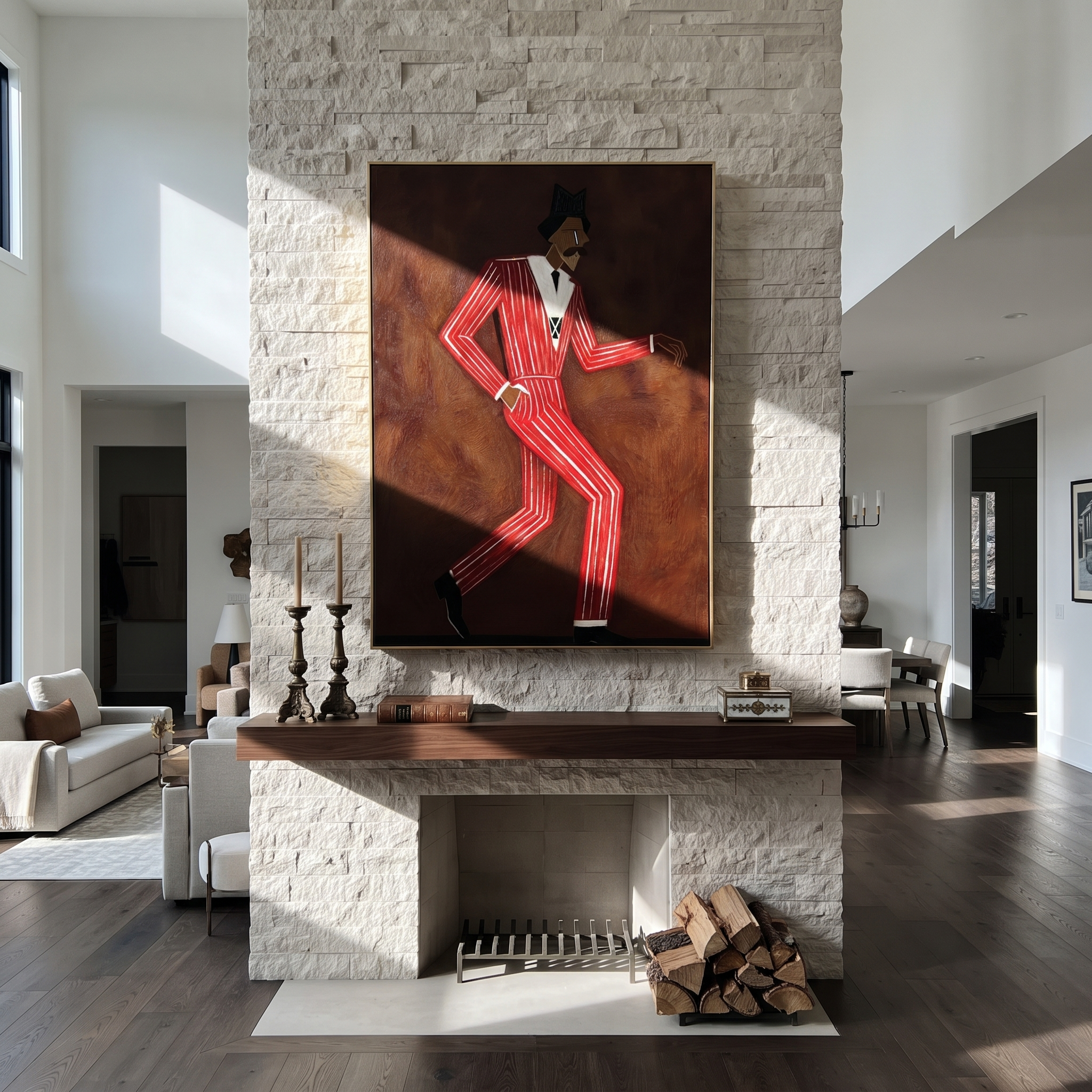 Scarlet Steps Cross Burgundy presented above a contemporary console