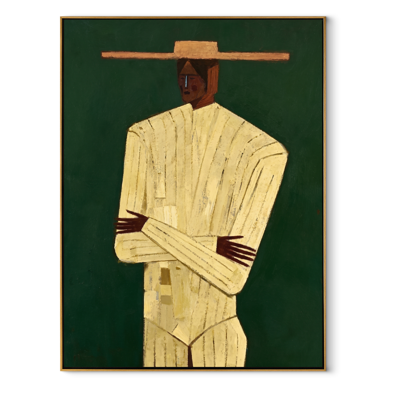 Golden Arms Cross Forest – Cream Suit Figure Painting | Mid-Century Modern Vertical Wall Art