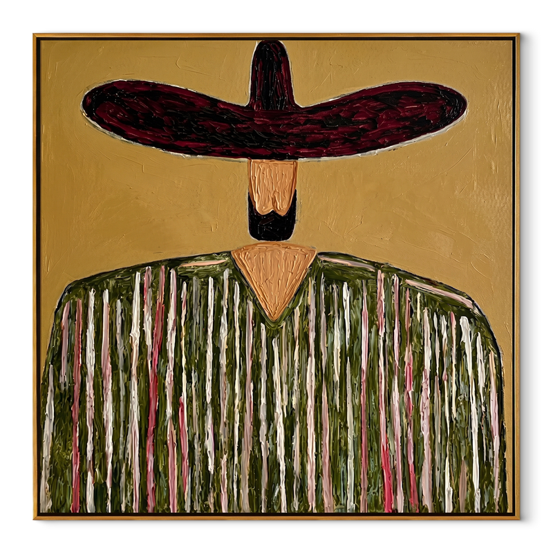 Black Brim Crowns Forest – Green Stripe Wide Hat Figure Painting | Mid-Century Modern Square Wall Art