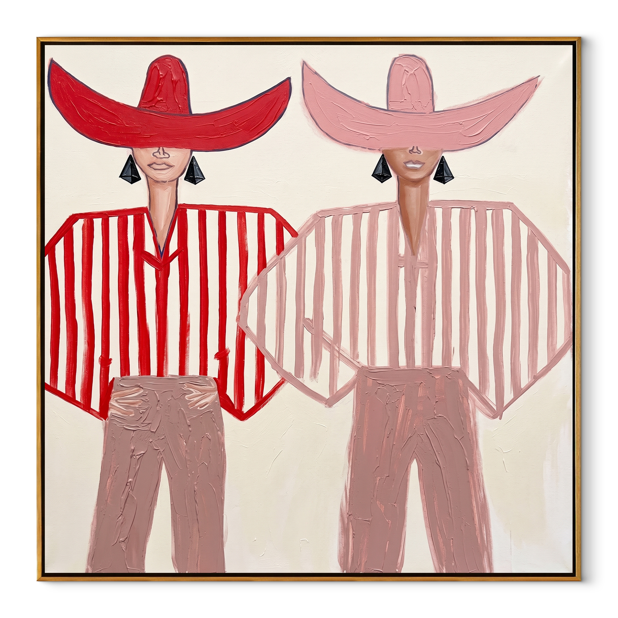 Twin Brims Share Scarlet abstract figurative textured painting, square canvas artwork