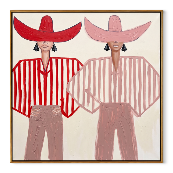 Twin Brims Share Scarlet – Paired Red Hat Figures Painting | Mid-Century Modern Square Wall Art