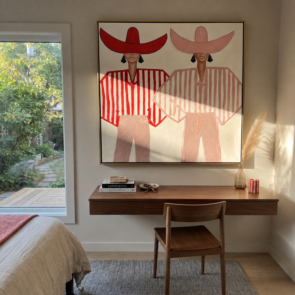 Twin Brims Share Scarlet displayed as a modern room focal point