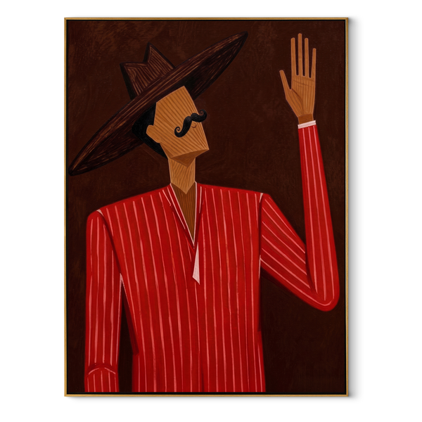 Scarlet Lines Raise Signal – Raised Hand Red Figure Painting | Mid-Century Modern Vertical Wall Art