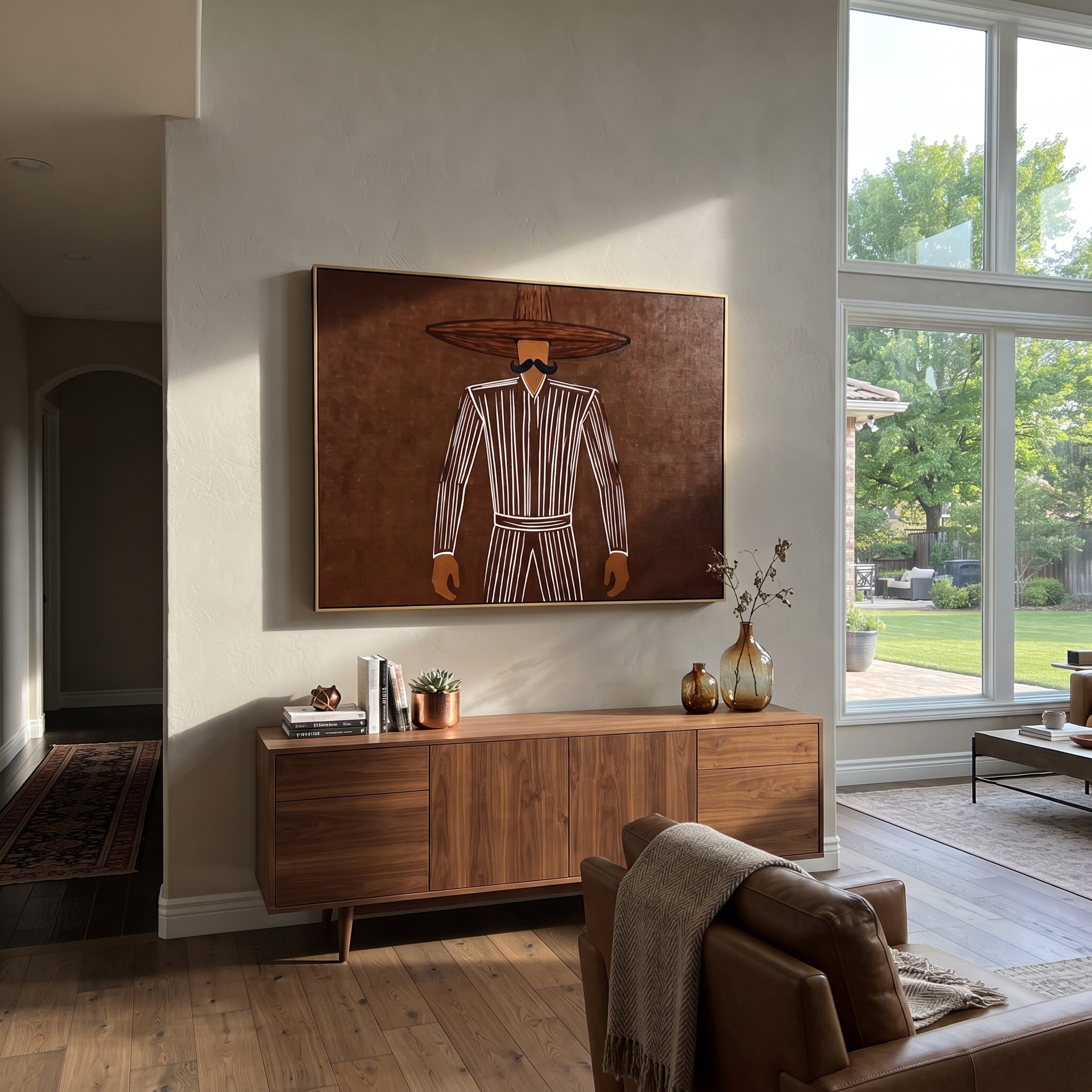 Dark Lines Hold Burgundy displayed in a warm contemporary interior