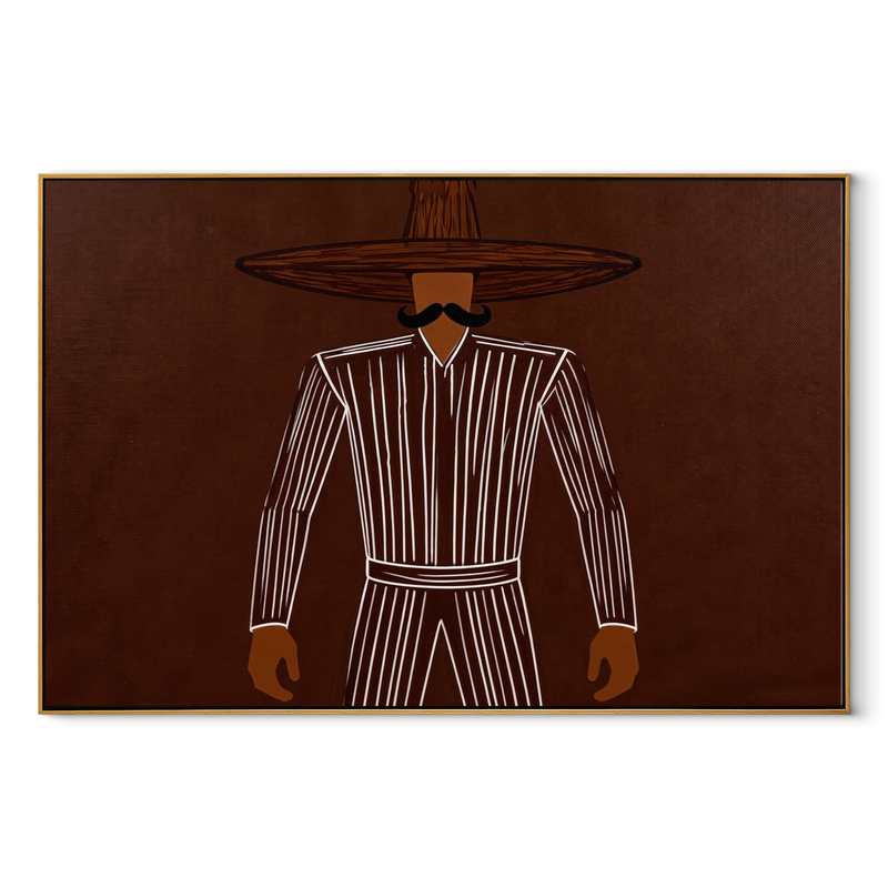 Dark Lines Hold Burgundy – Outlined Hat Figure Painting | Mid-Century Modern Horizontal Wall Art