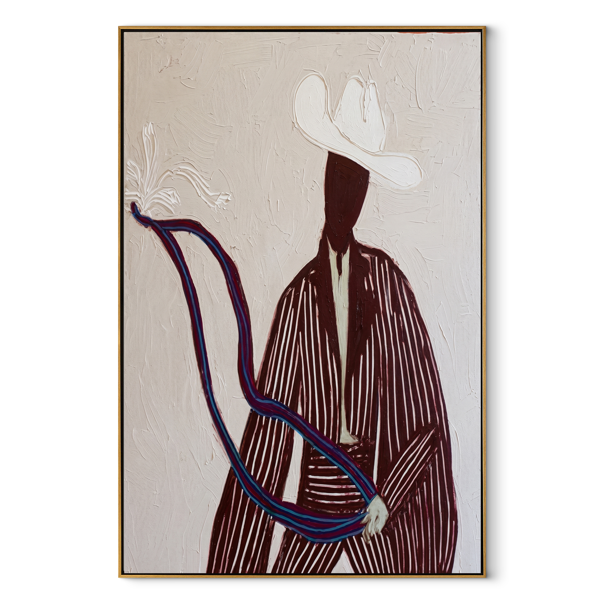 White Rider Draws Curve abstract figurative textured painting, vertical canvas artwork