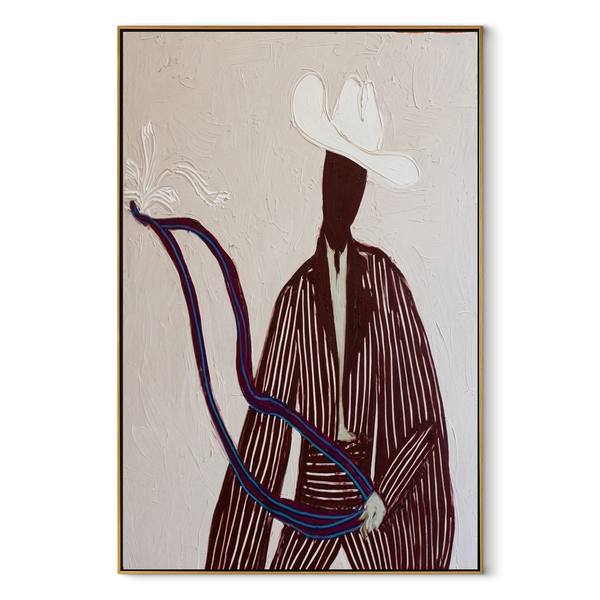 White Rider Draws Curve – White Hat Horse Figure Painting | Mid-Century Modern Vertical Wall Art