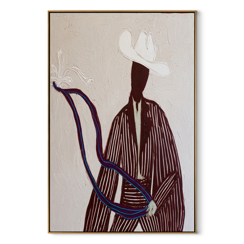 White Rider Draws Curve – White Hat Horse Figure Painting | Mid-Century Modern Vertical Wall Art