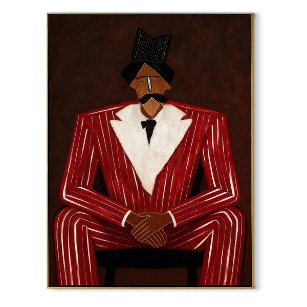 Scarlet Suit in Judgment – Seated Red Suit Portrait Painting | Mid-Century Modern Vertical Wall Art