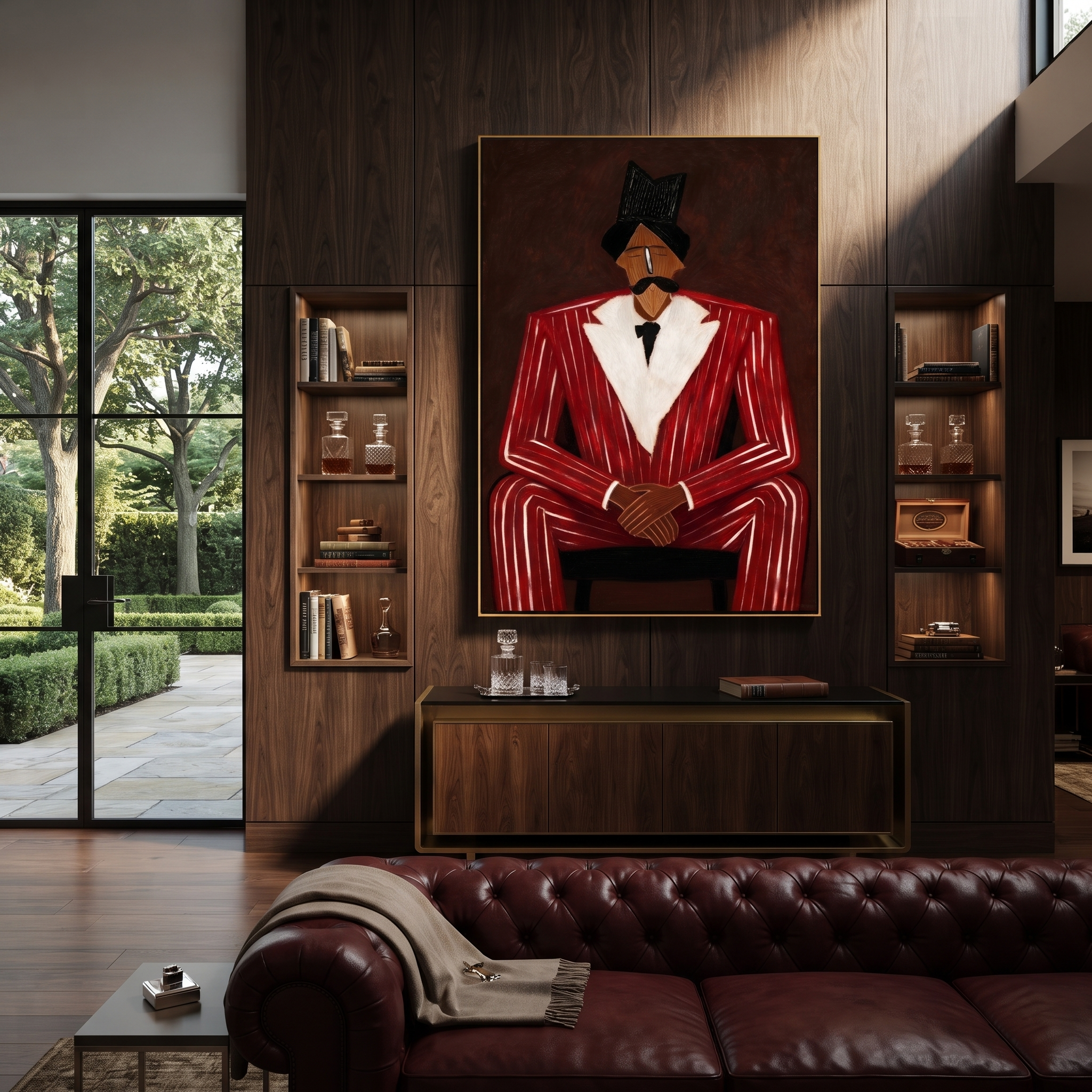 Scarlet Suit in Judgment styled with neutral modern furnishings