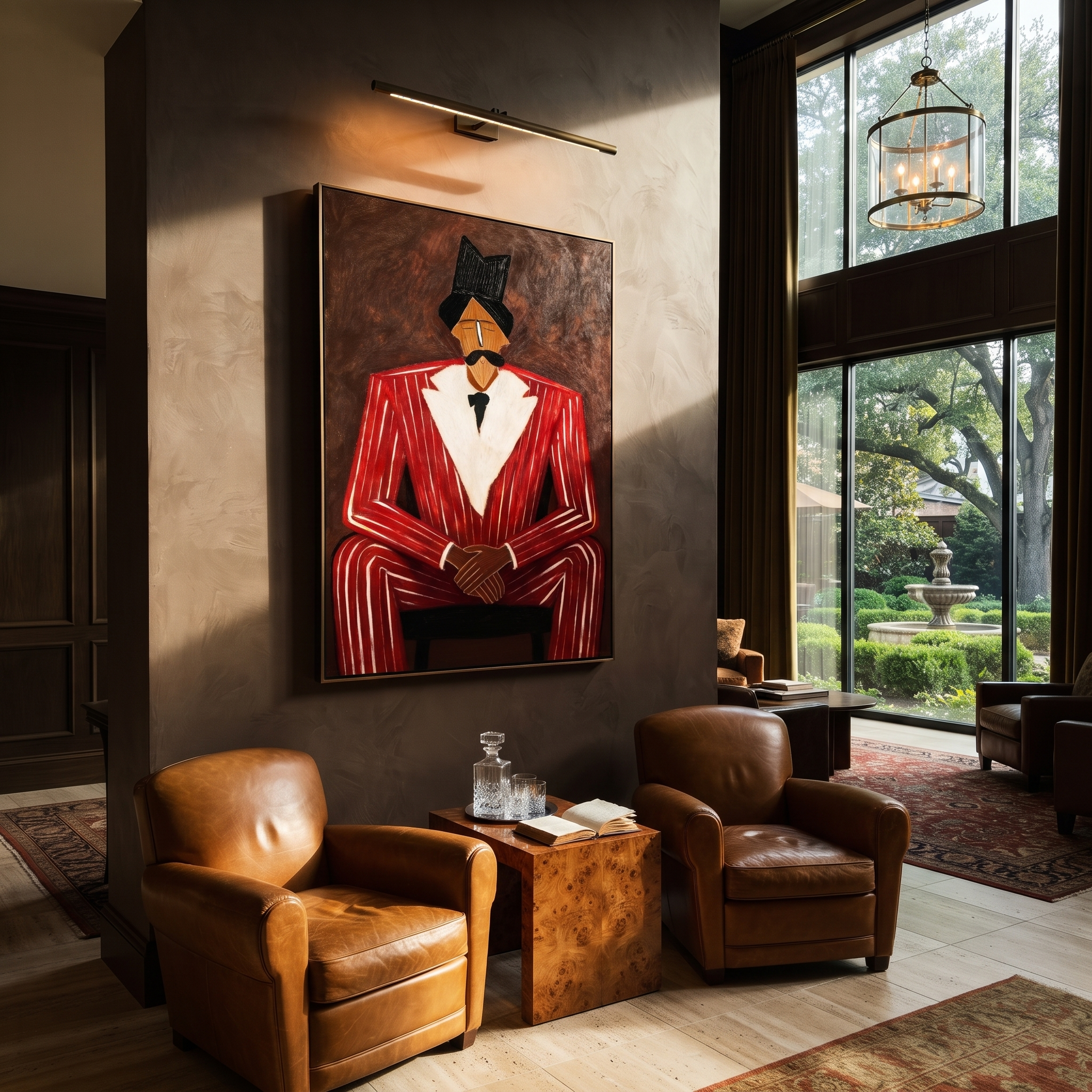 Scarlet Suit in Judgment presented above a contemporary console
