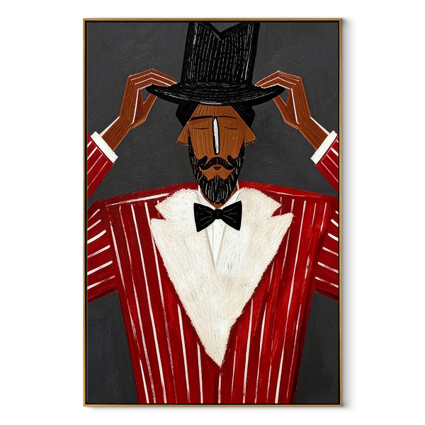 Black Crown Tips Crimson – Top Hat Red Suit Figure Painting | Mid-Century Modern Vertical Wall Art