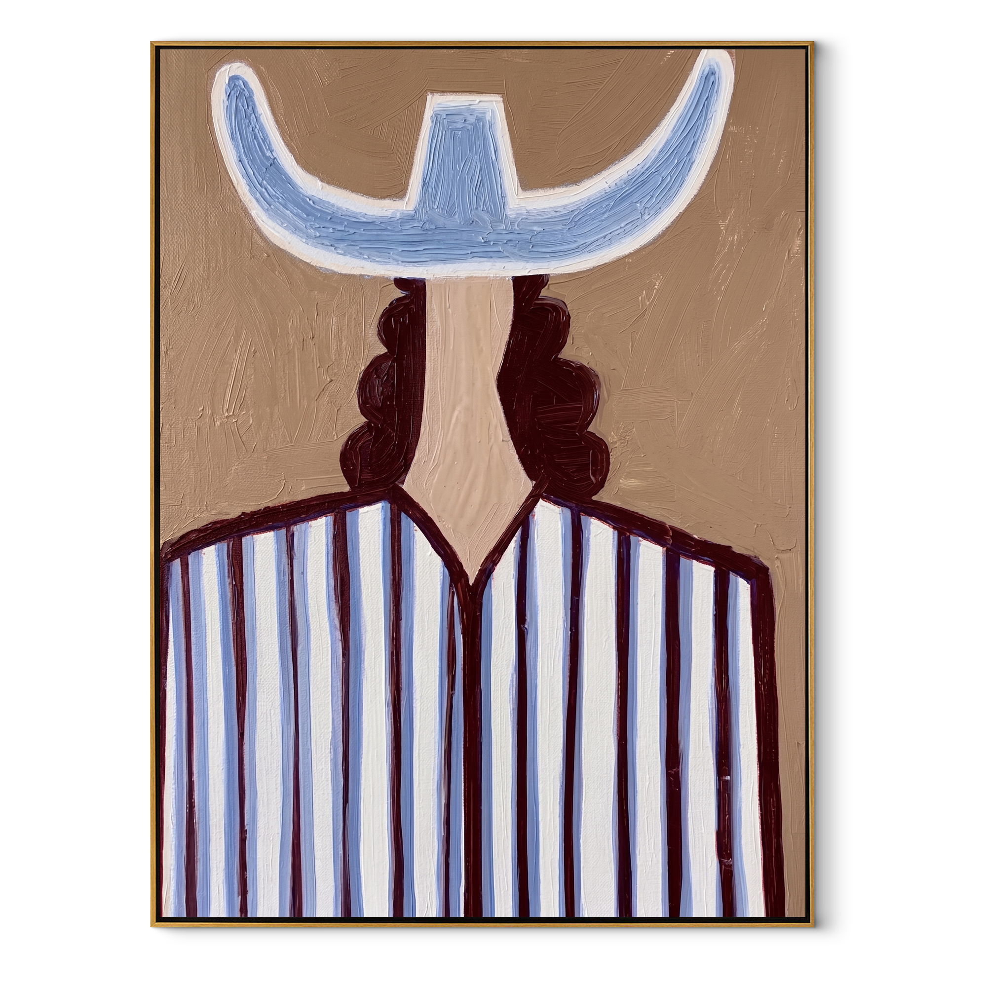 Blue Crown Faces Away abstract figurative textured painting, vertical canvas artwork