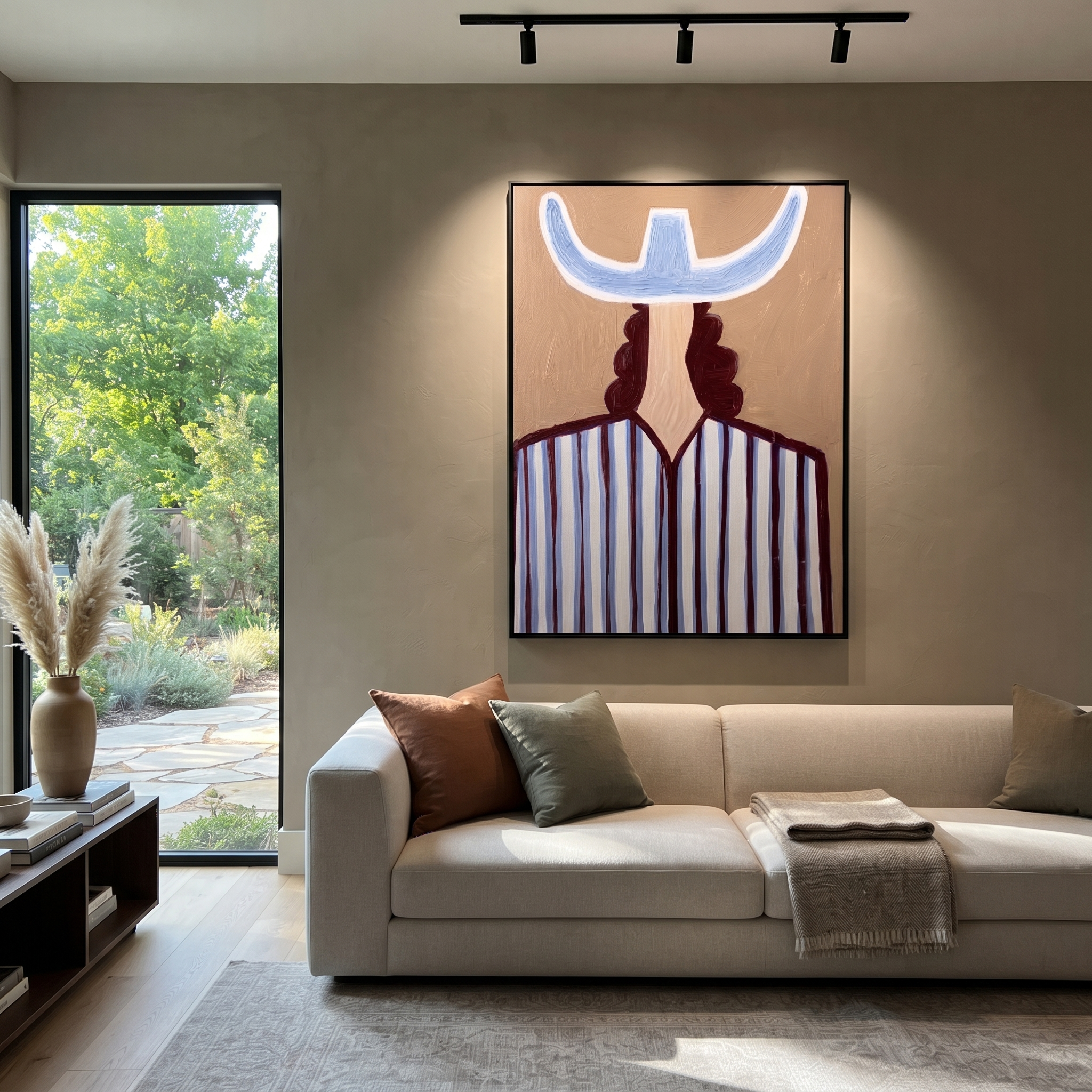 Blue Crown Faces Away styled in a layered residential interior