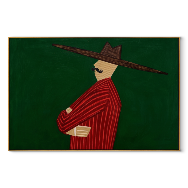 Scarlet Profile Crosses Forest – Red Suit Side Profile Painting | Mid-Century Modern Horizontal Wall Art