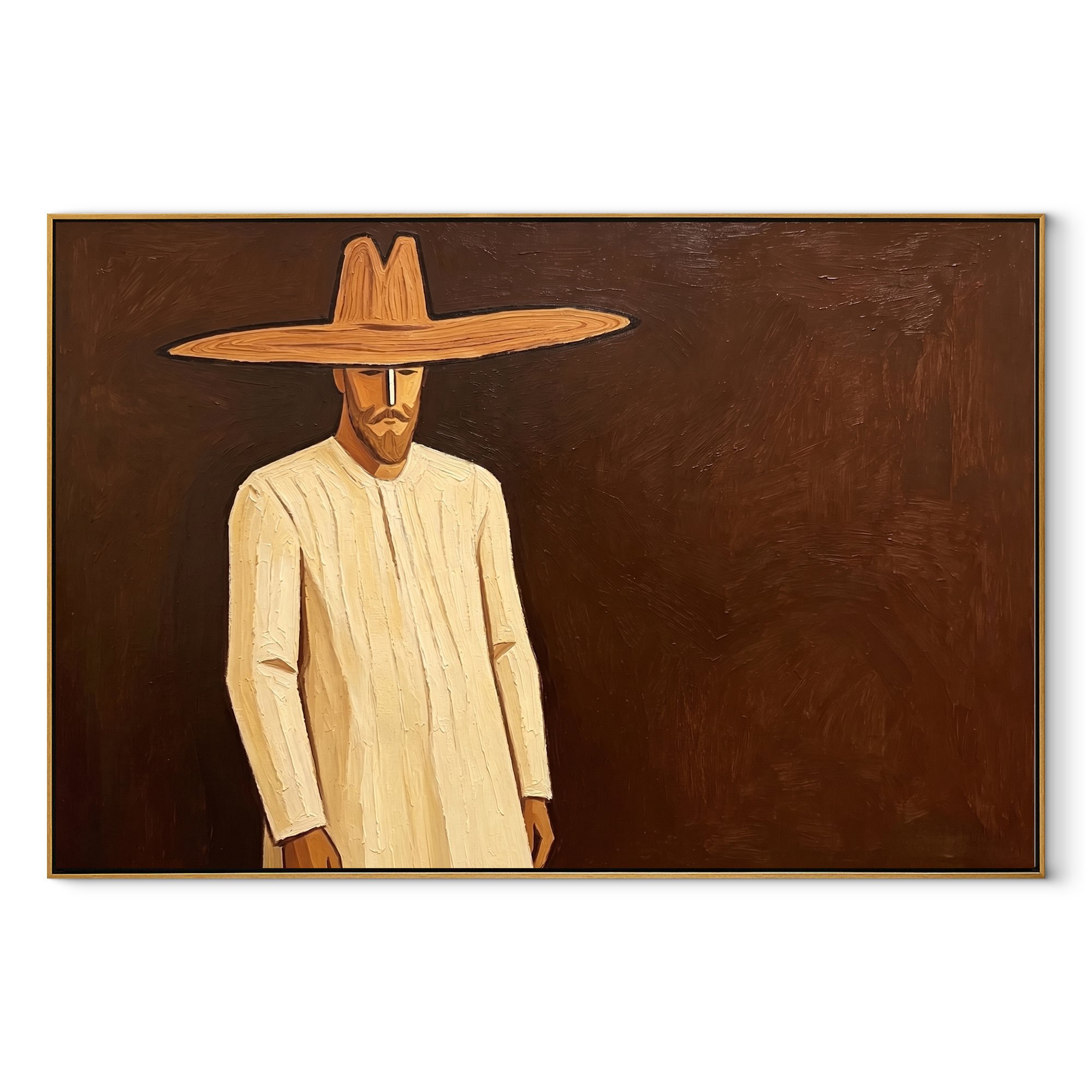 Golden Figure Walks Umber abstract figurative textured painting, horizontal canvas artwork