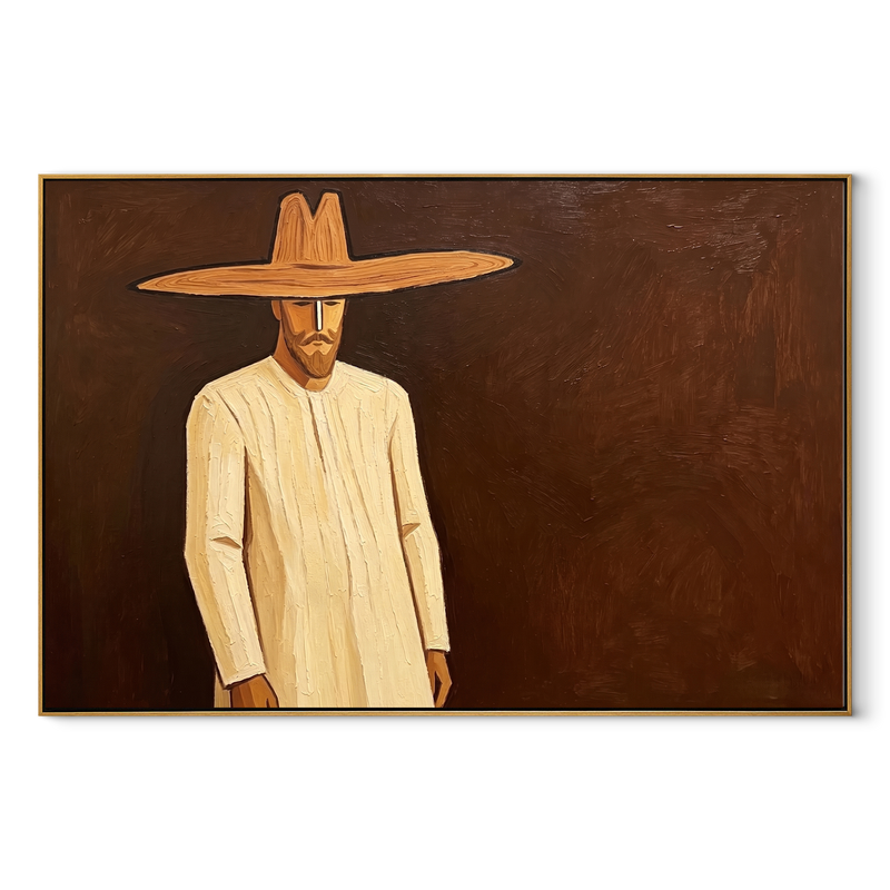 Golden Figure Walks Umber – Cream Hat Figure Painting | Mid-Century Modern Horizontal Wall Art