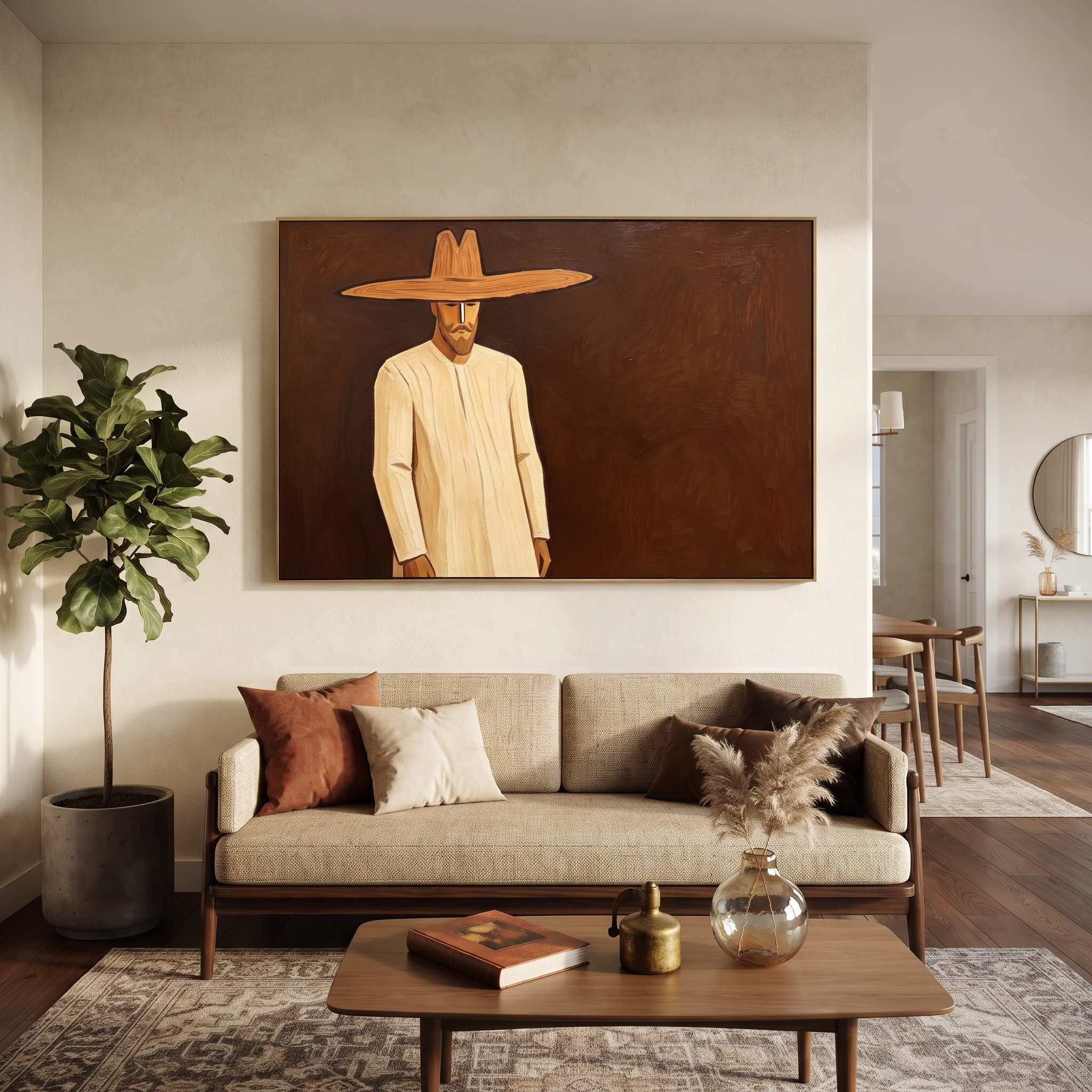Golden Figure Walks Umber displayed as a modern room focal point