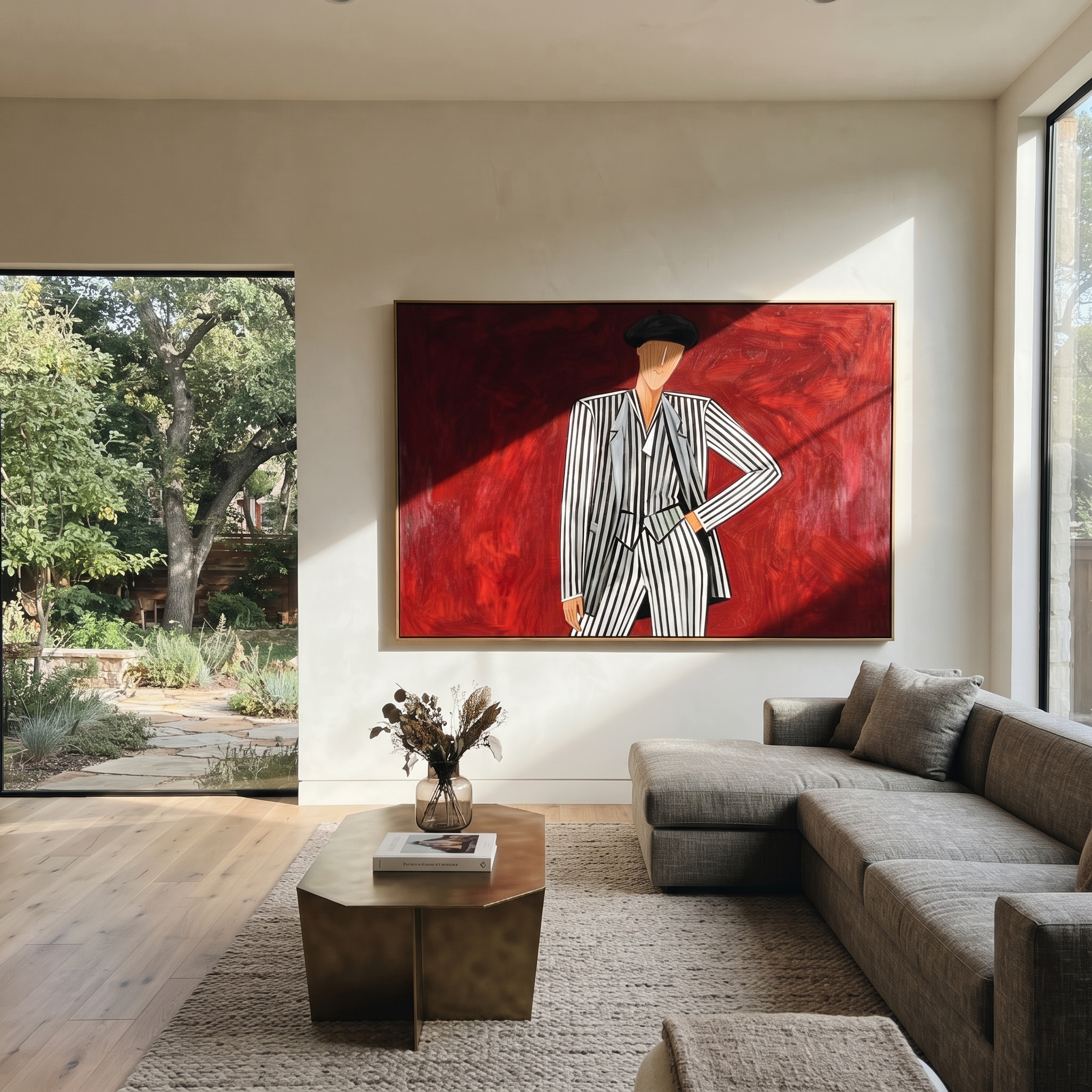 Black Stripes Challenge Crimson displayed in a warm contemporary interior