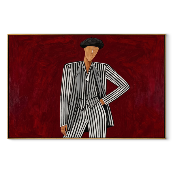 Black Stripes Challenge Crimson – Pinstripe Beret Figure Painting | Mid-Century Modern Horizontal Wall Art