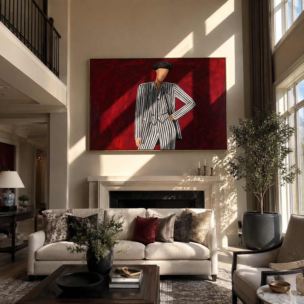 Black Stripes Challenge Crimson displayed as a modern room focal point