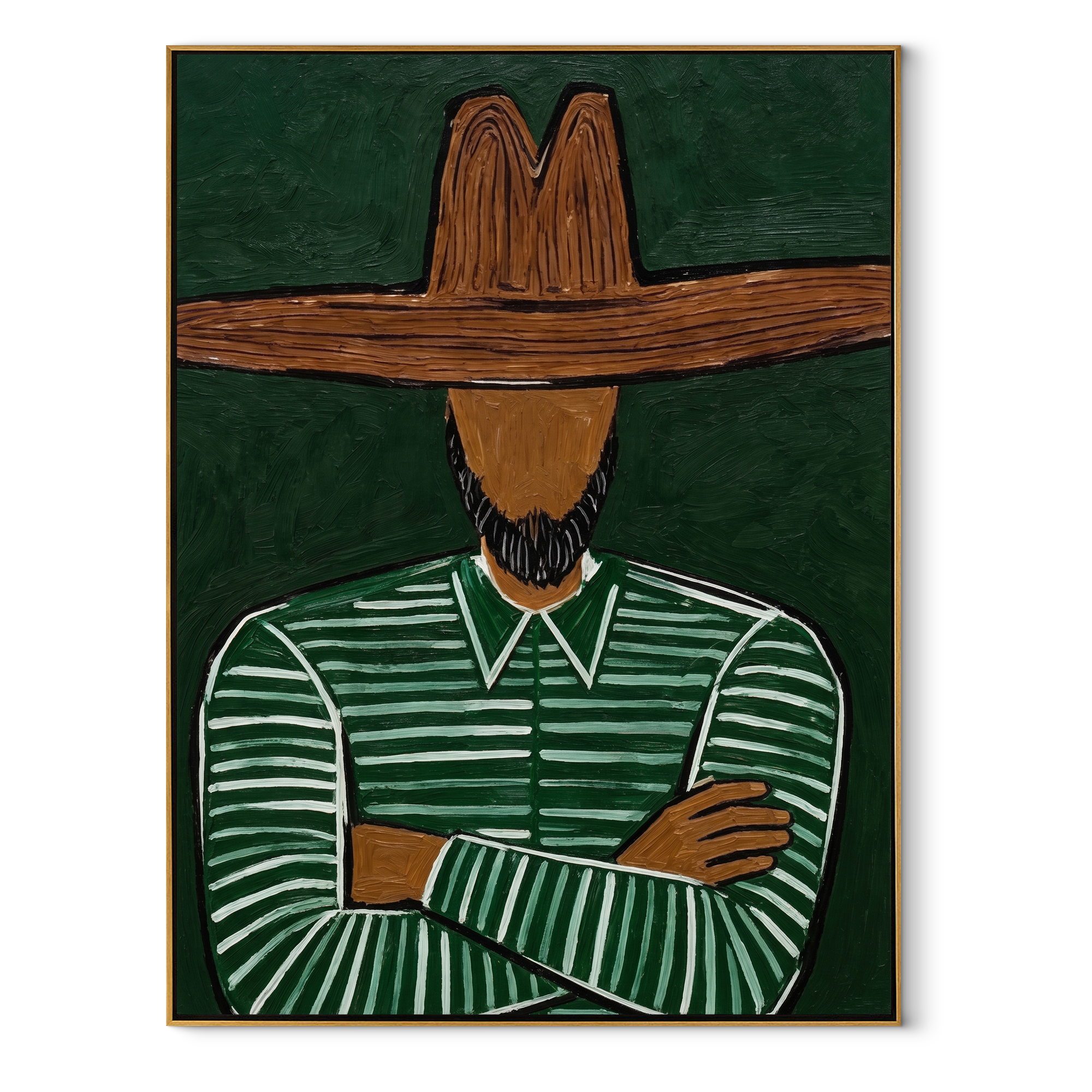 Crossed Arms Guard Green abstract figurative textured painting, vertical canvas artwork