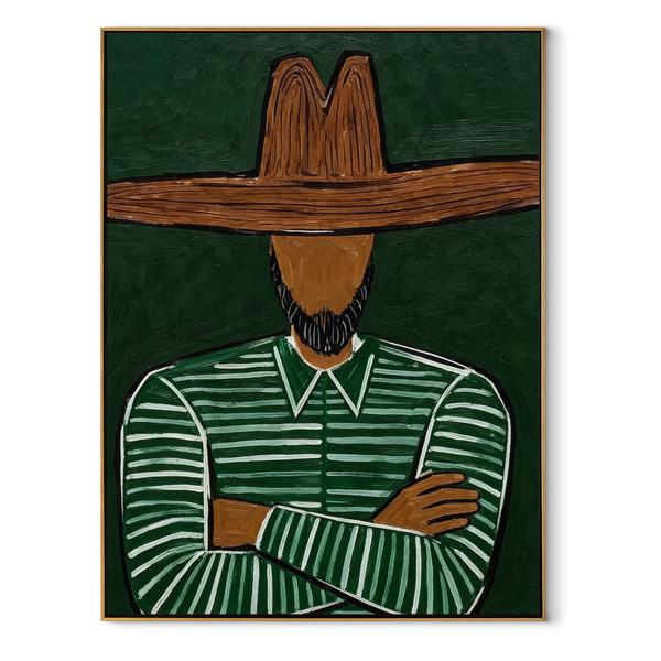 Crossed Arms Guard Green – Folded Arm Green Hat Figure Painting | Mid-Century Modern Vertical Wall Art
