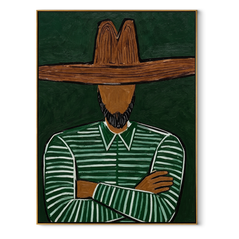 Crossed Arms Guard Green – Folded Arm Green Hat Figure Painting | Mid-Century Modern Vertical Wall Art