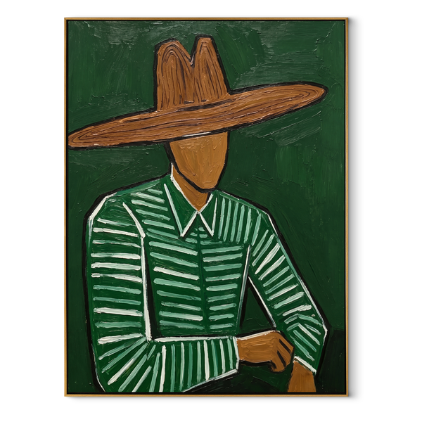 Green Hand Finds Waist – Green Hat Figure Painting | Mid-Century Modern Vertical Wall Art