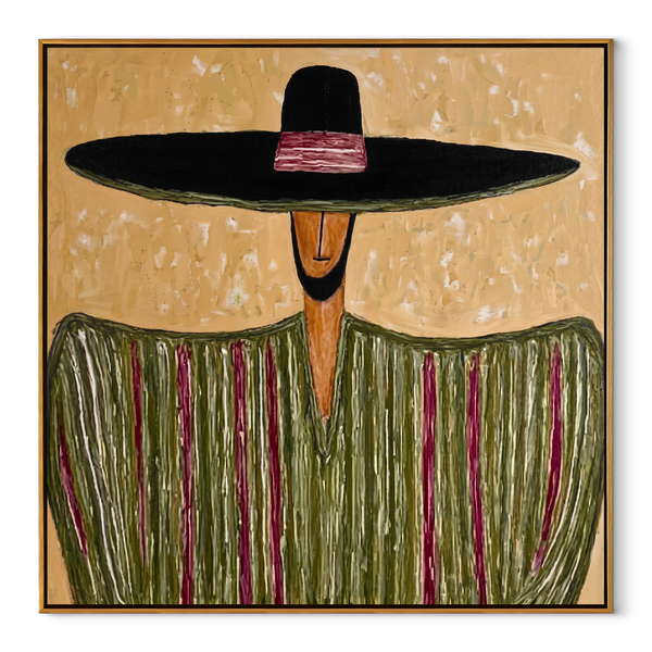 Black Horizon Meets Meadow – Wide Hat Green Stripe Figure Painting | Mid-Century Modern Square Wall Art