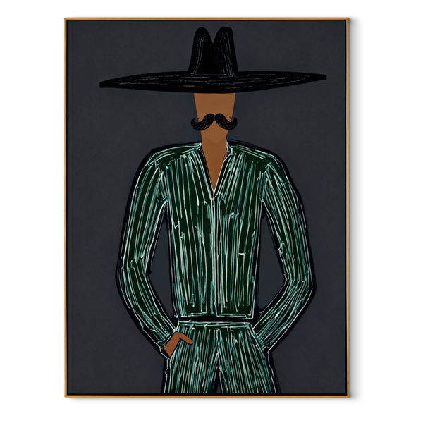 Emerald Lines Guard Charcoal – Black Hat Green Figure Painting | Mid-Century Modern Vertical Wall Art