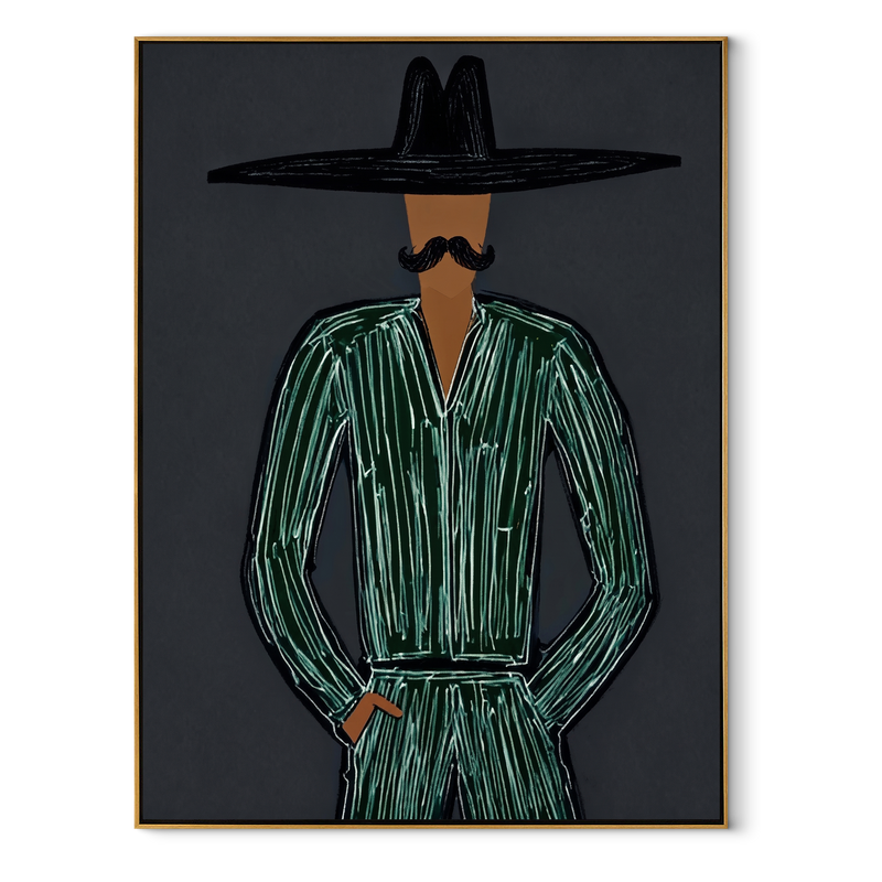 Emerald Lines Guard Charcoal – Black Hat Green Figure Painting | Mid-Century Modern Vertical Wall Art