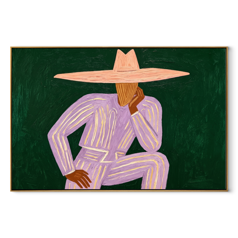 Lavender Thought Rests Green – Seated Lavender Hat Figure Painting | Mid-Century Modern Horizontal Wall Art