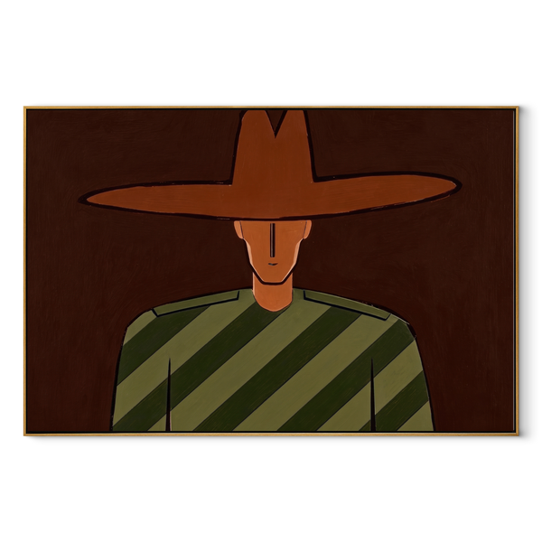 Brown Brim Holds Olive – Cropped Green Stripe Portrait Painting | Mid-Century Modern Horizontal Wall Art