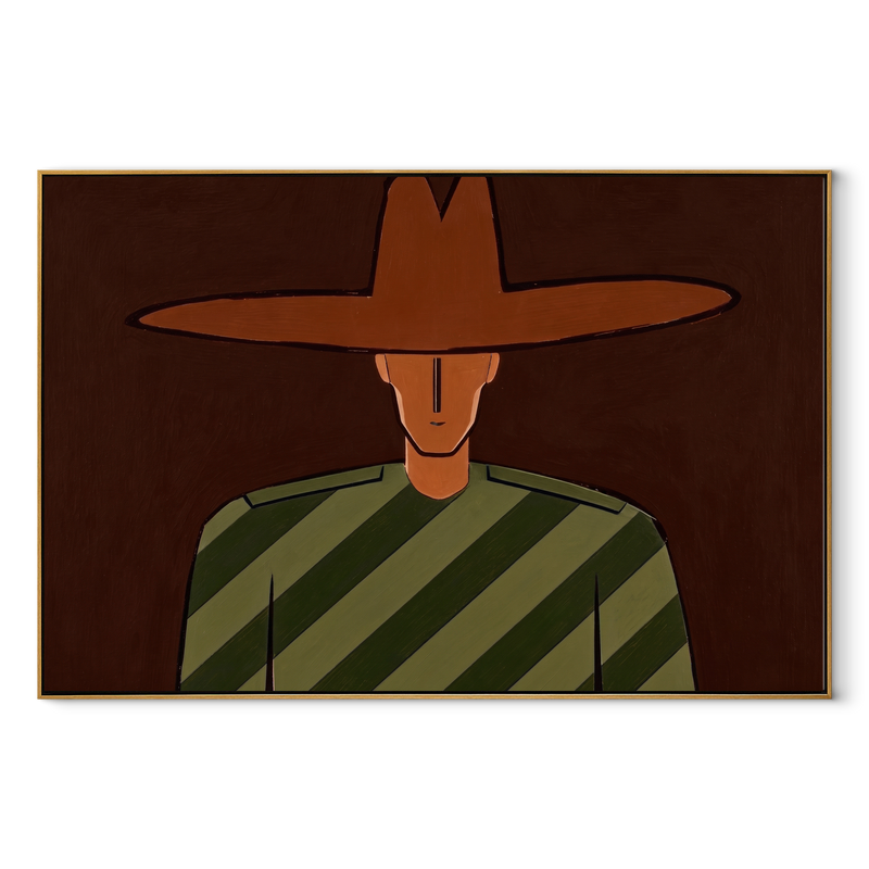 Brown Brim Holds Olive – Cropped Green Stripe Portrait Painting | Mid-Century Modern Horizontal Wall Art